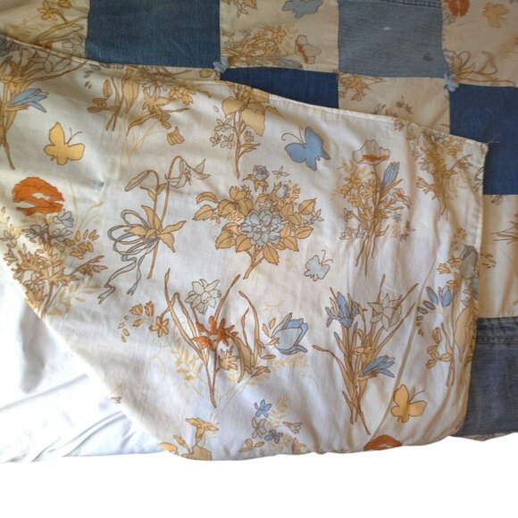 Vtg 70s Denim Blue Jeans Patchwork Crazy Quilt Pockets Labels Butterfly F/Queen - Picture 9 of 16